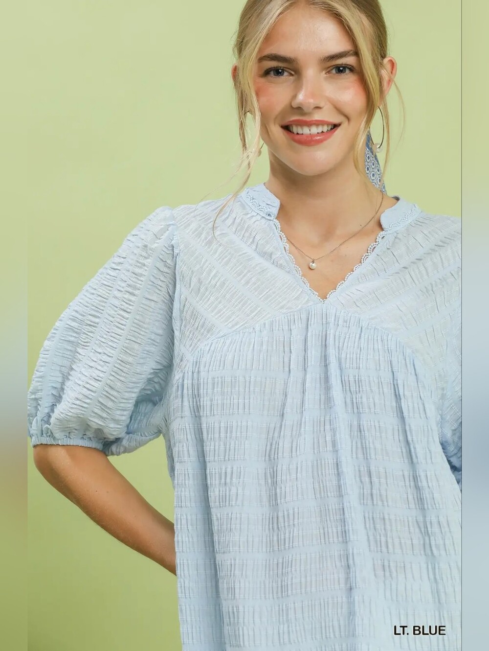 Umgee Light Blue Textured V-Neck Puff Sleeve Top - Women - Picture 5 of 7